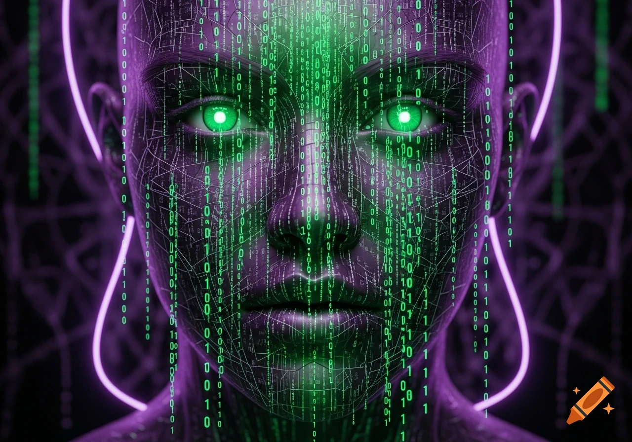 Close-up of a purple, robotic face with glowing green eyes and cascading green binary code, accented by neon purple lines.