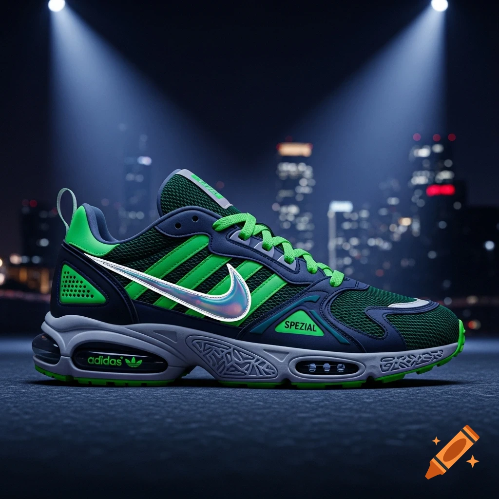 A dark blue and bright green hybrid sneaker with a metallic Nike swoosh and Adidas branding, illuminated by spotlights against a city skyline.