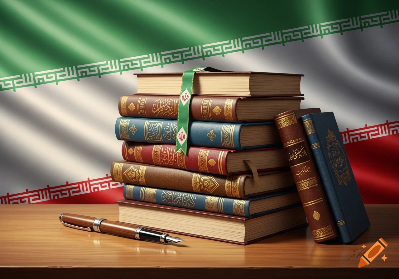 A stack of ornate books with an Iranian flag background and a pen on a wooden table, in a realistic style.