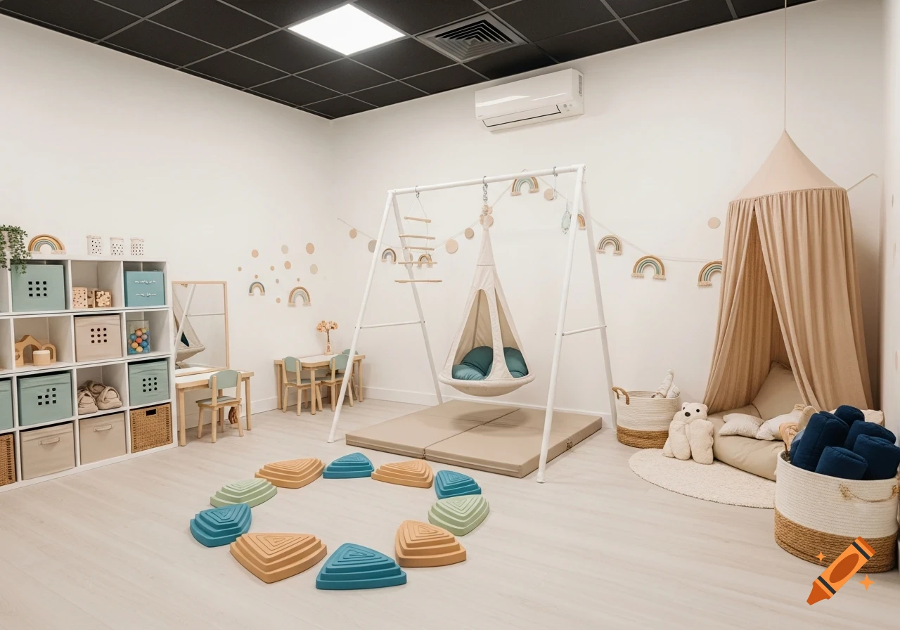 A bright, calm pediatric sensory room with a swing, soft play mat, canopy nook, shelves with bins, and colorful stepping stones on a light floor.
