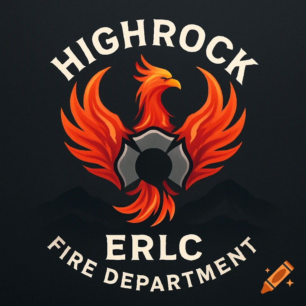A bold logo featuring a fiery orange phoenix over a grey fire department emblem, with text 'HIGHROCK ERLC FIRE DEPARTMENT'.