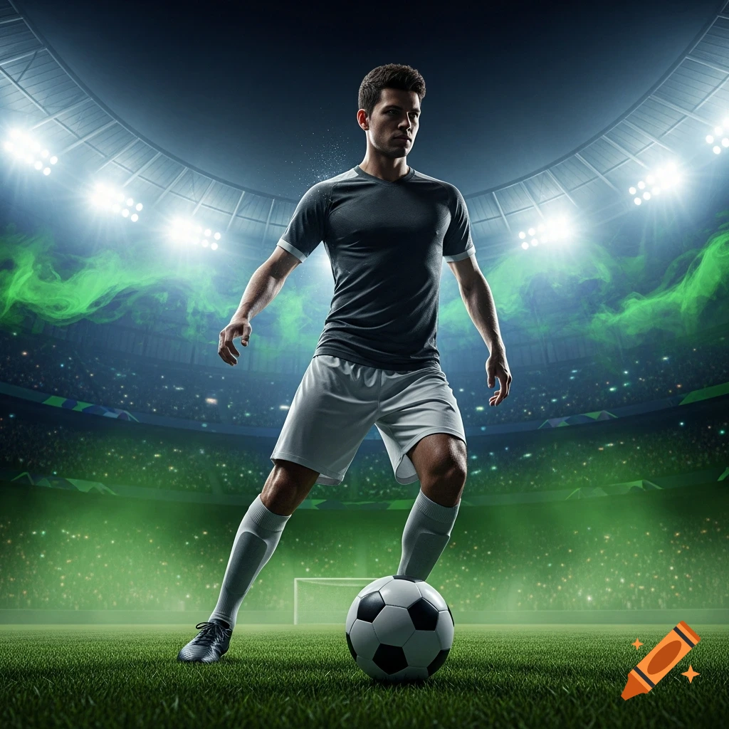 A photorealistic image of a male footballer in a grey uniform with a soccer ball, standing on a grassy field in a brightly lit stadium at night with green smoke.