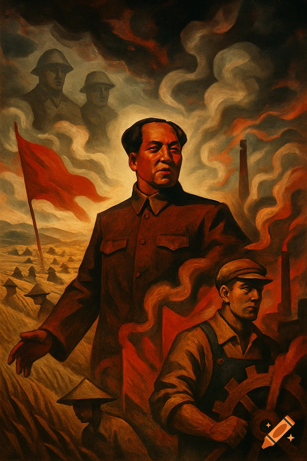 Socialist realism painting featuring Mao Zedong, flanked by soldiers, a worker, farmers, a red flag, and industrial smoke.