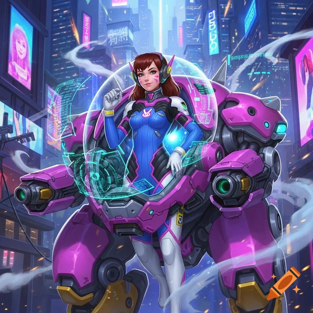 D.Va from Overwatch pilots her pink MEKA mech in a neon-lit cyberpunk city.
