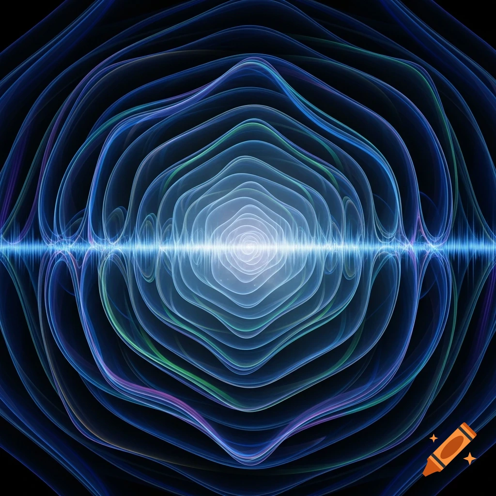 Abstract glowing blue and purple sound waves radiating from a central point on a dark background.