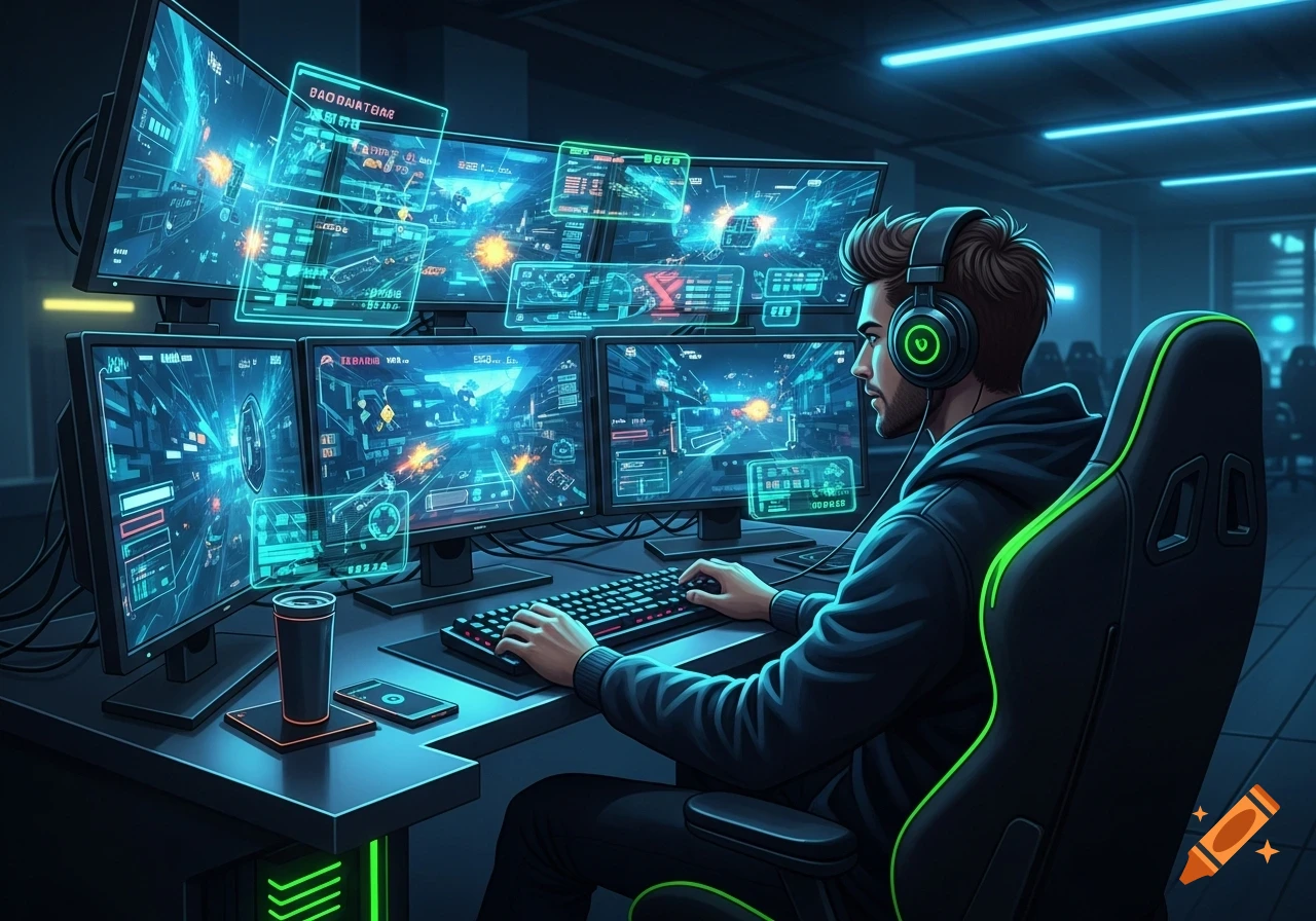A person wearing headphones and gaming at a multi-monitor computer setup with neon blue and green lighting.