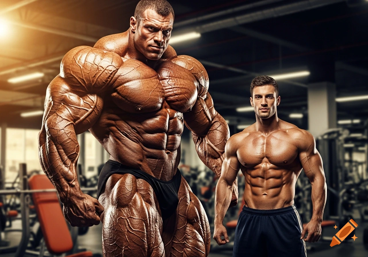 Photorealistic image of an extremely muscular, massive bodybuilder standing next to a normal bodybuilder in a gym.
