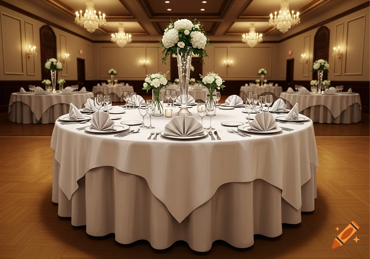 An elegantly set round dining table with white tablecloth and floral centerpiece in a grand ballroom with chandeliers.