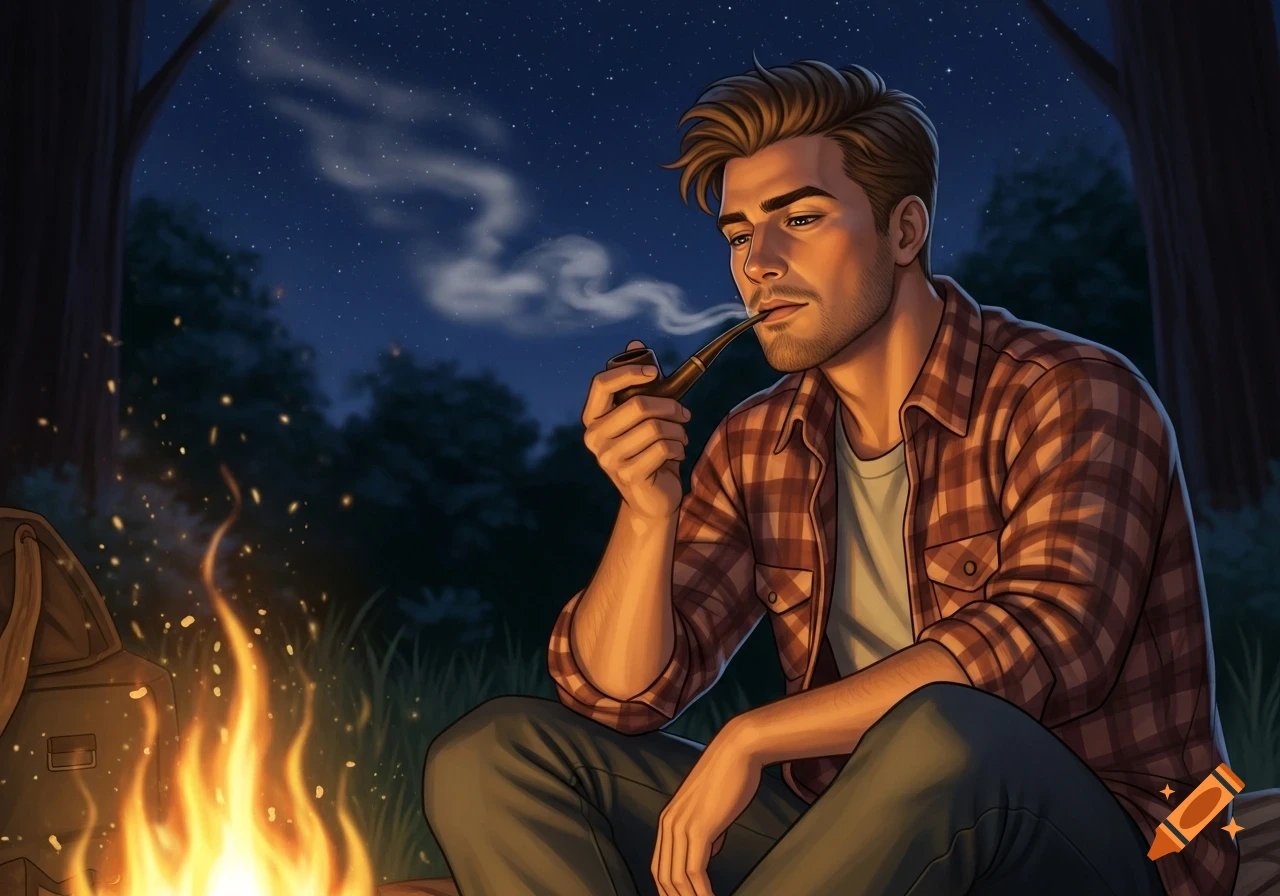 An illustrated young man sits by a campfire at night, smoking a pipe in a forest.