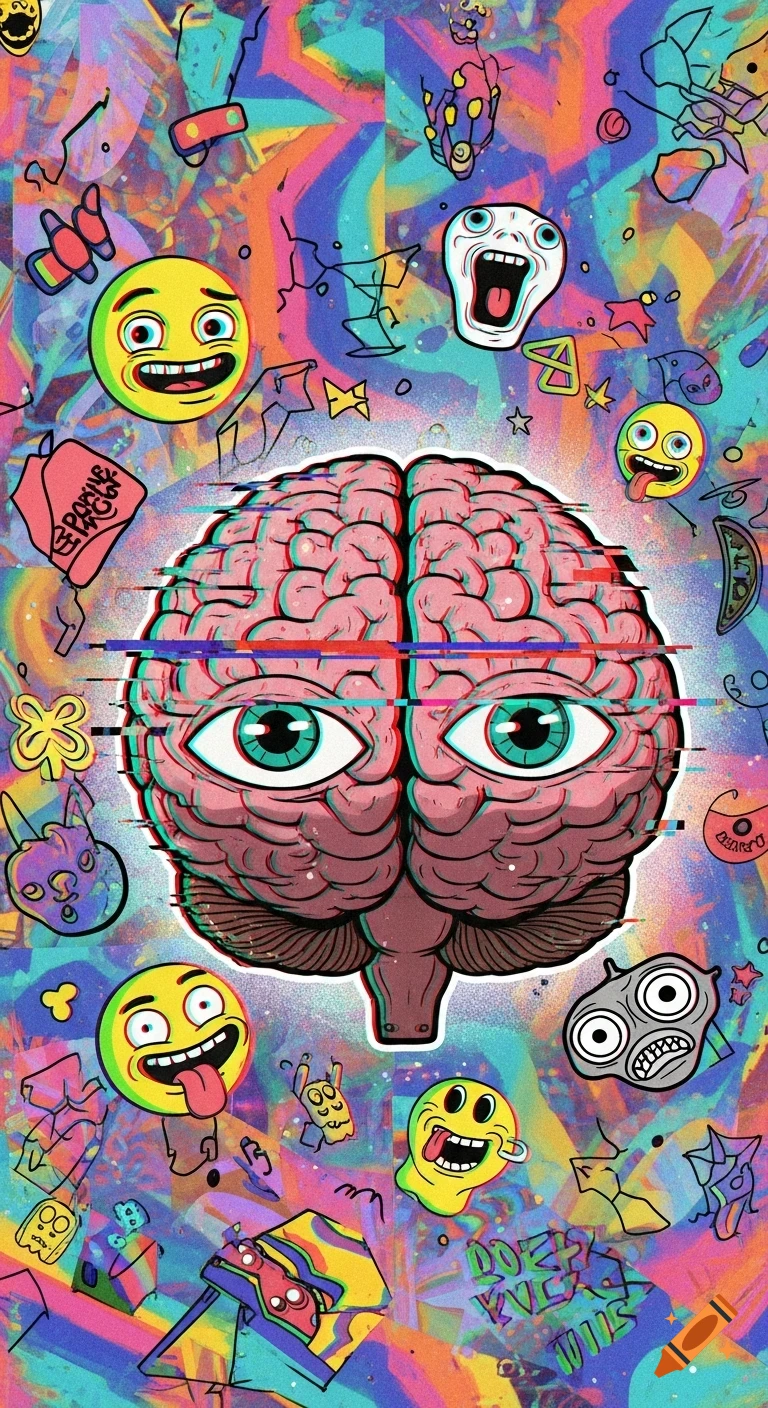 A vibrant, surreal digital art illustration of a brain with glitching eyes, surrounded by expressive cartoon emojis and abstract shapes.
