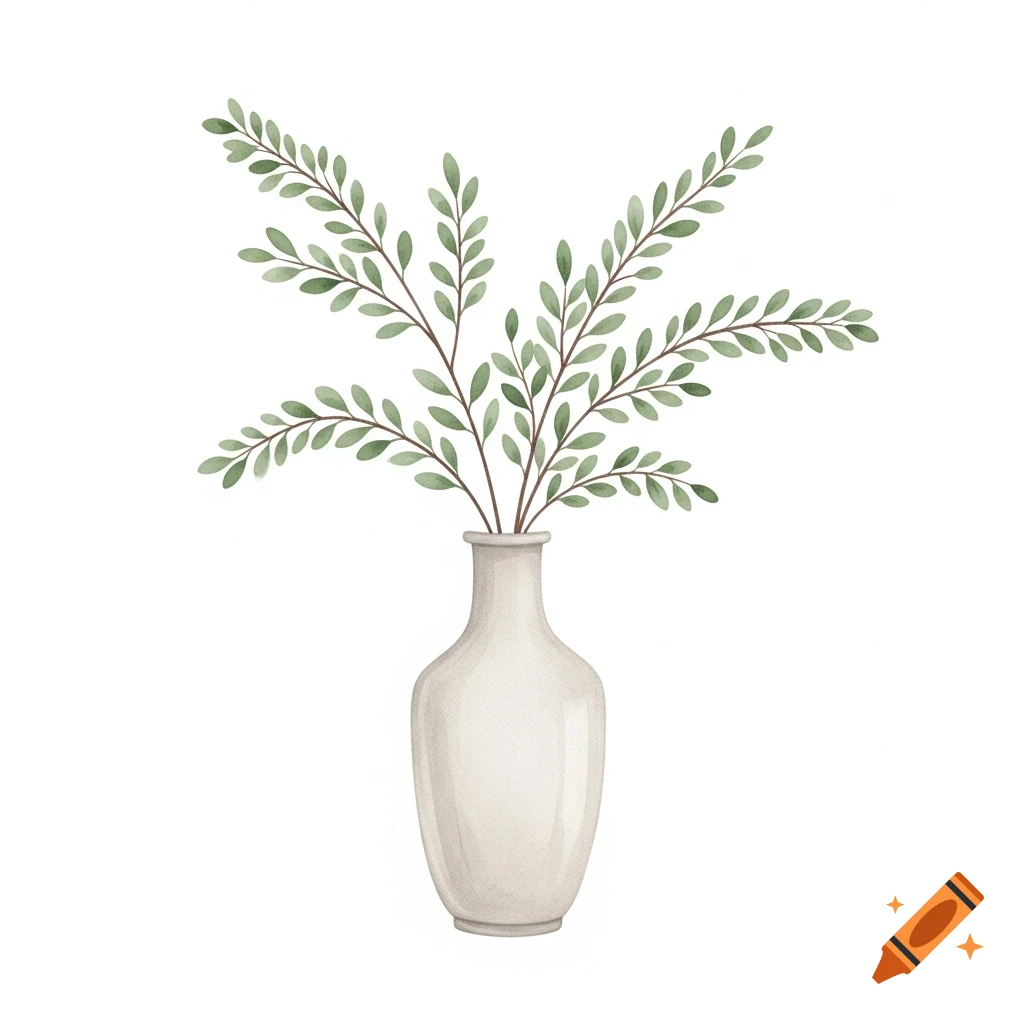 Watercolor illustration of green leafy branches in a white vase.