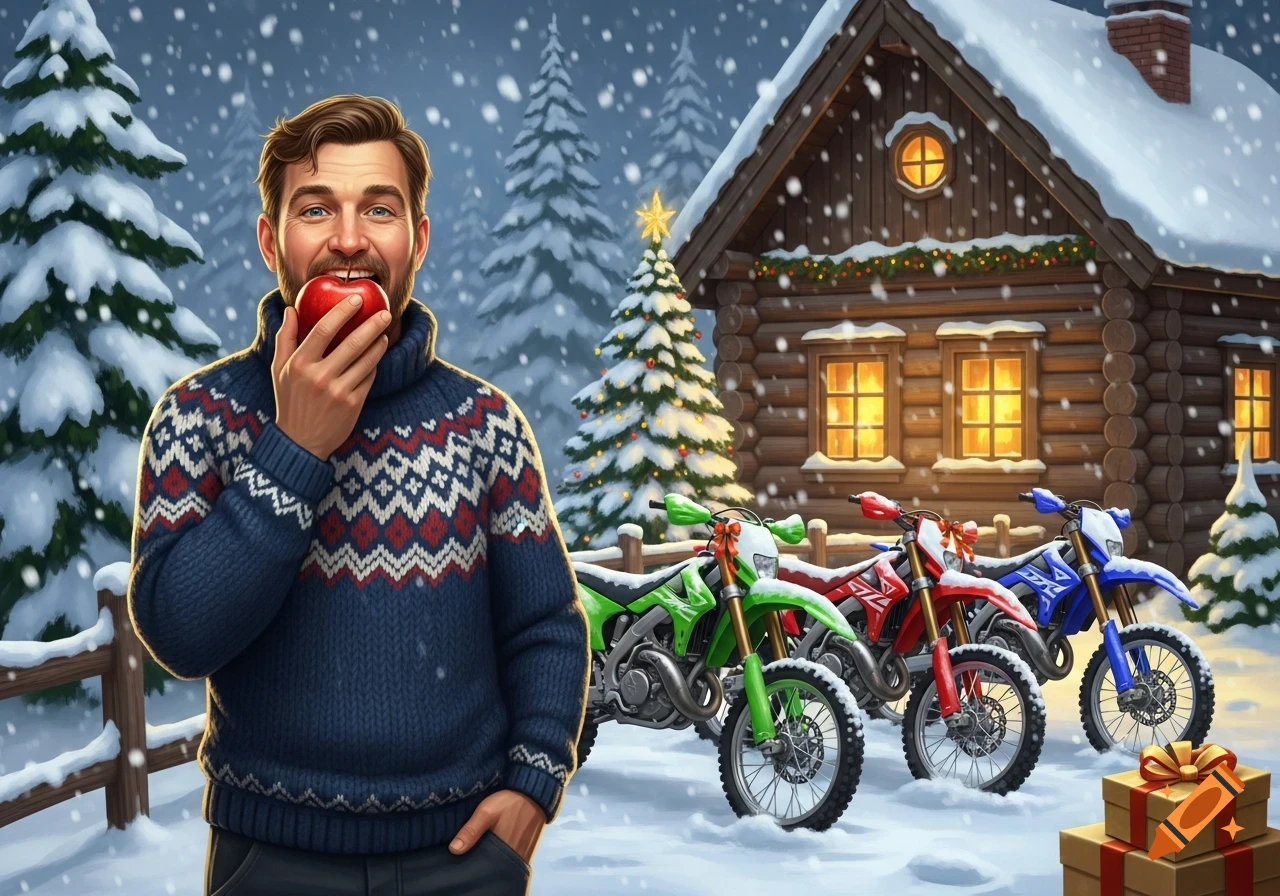 A smiling man in a blue Fair Isle sweater holds a red apple to his mouth in a snowy winter scene with three dirt bikes, a decorated Christmas tree, and a rustic log cabin.
