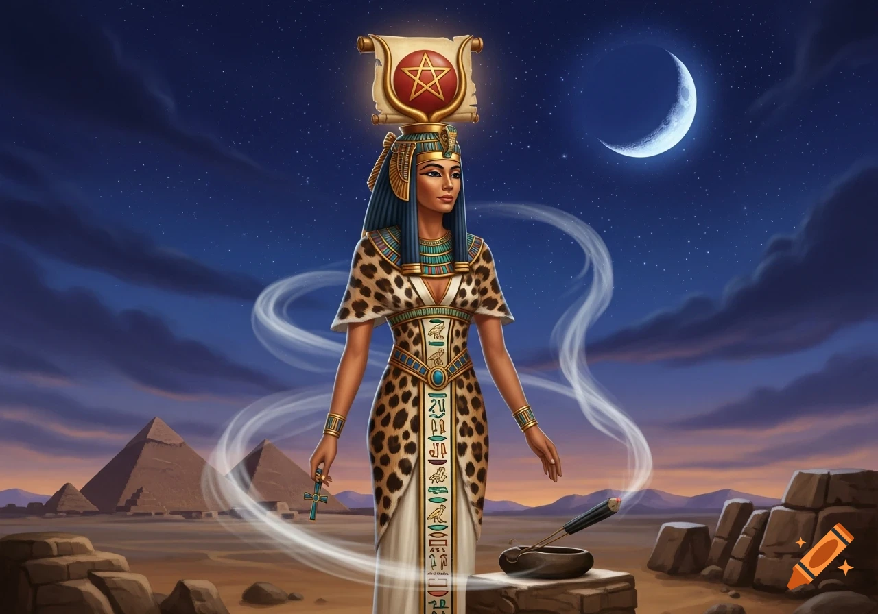 An Egyptian goddess, Seshat, with dark hair and a leopard-print dress, stands in a desert landscape with pyramids under a starry night sky with a crescent moon. She wears an elaborate headdress with a scroll featuring a pentagram, holds an ankh, and has incense burning beside her.