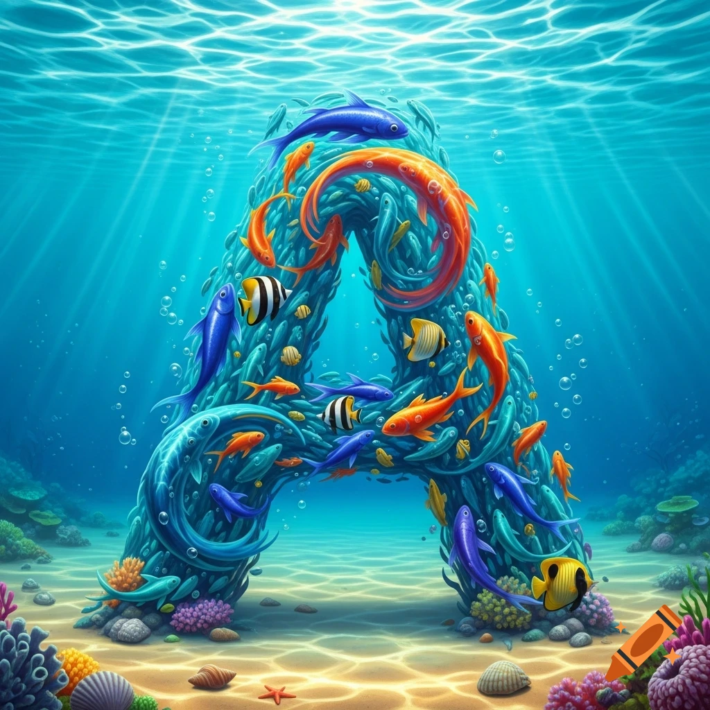 A vibrant underwater illustration of a letter 'A' formed by blue coral-like structures and colorful fish.