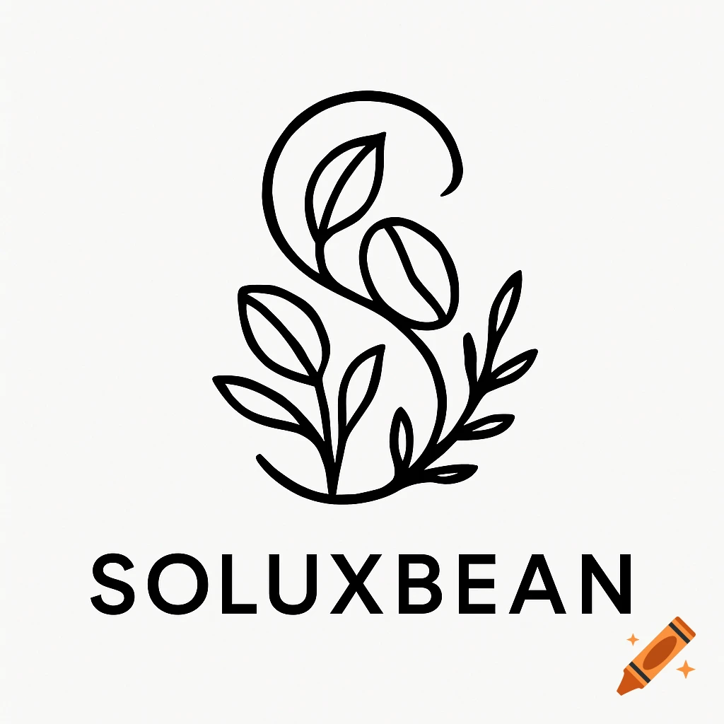 Minimalist black line art logo featuring a stylized 'S' formed by leaves and two coffee beans, above the text 'SOLUXBEAN' on a white background.