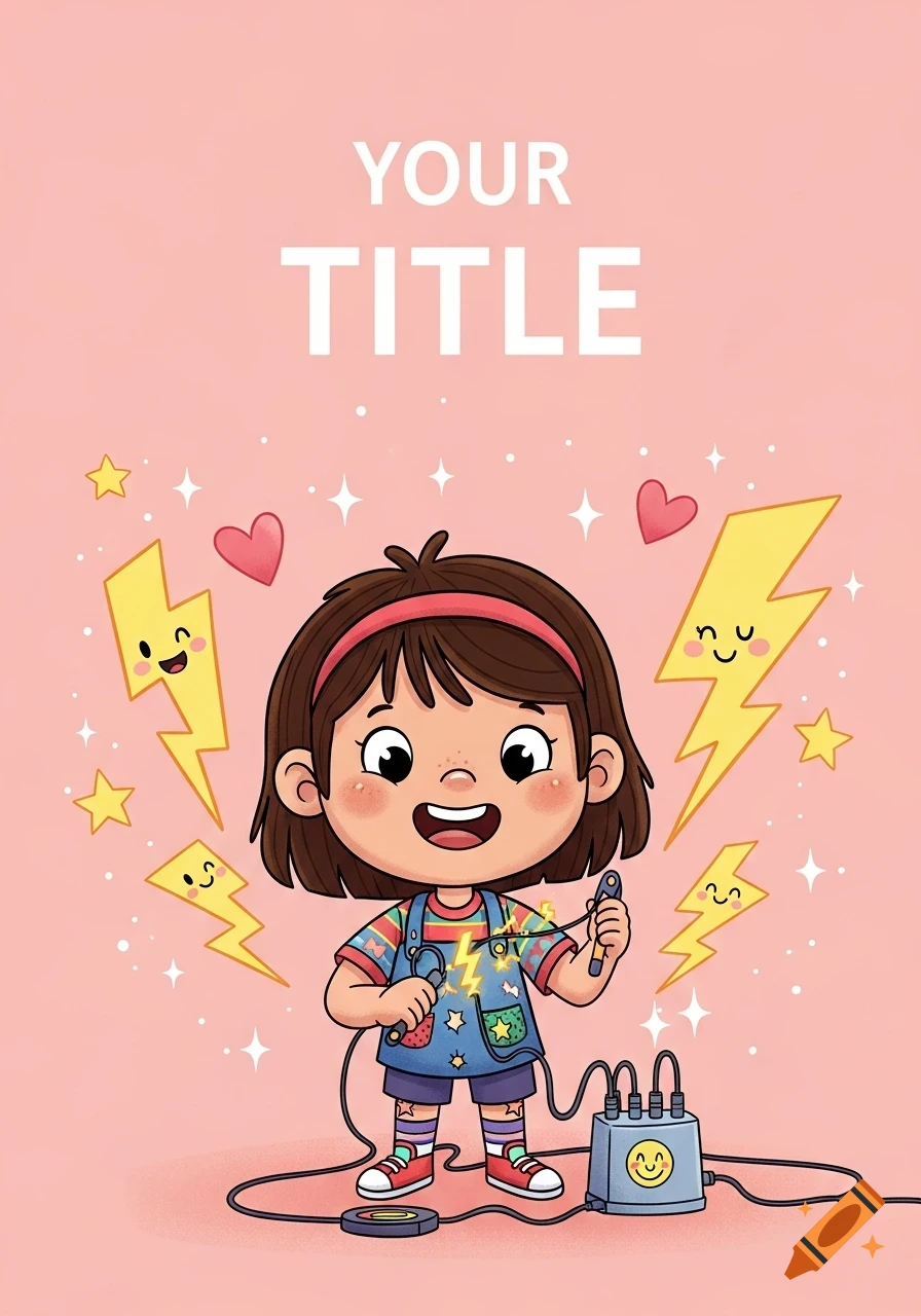 A happy cartoon girl with brown hair and a pink headband holds wires with bolts of electricity sparking between them. She wears colorful overalls and stands by a smiling electrical box. The background is soft pink with hearts, stars, and friendly lightning bolts. Text at the top reads 'YOUR TITLE'.