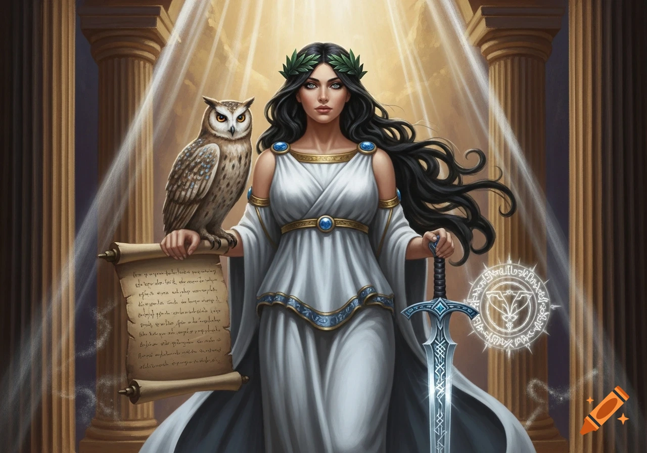 A Greek goddess of wisdom in a white gown and laurel wreath, holding a sword and a scroll, an owl perched on her arm, in an oil painting style.