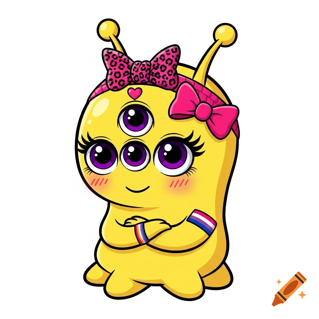 A cartoonish yellow, three-eyed alien with pink bows, a heart headband, and a bisexual pride flag wristband. It blushes shyly.