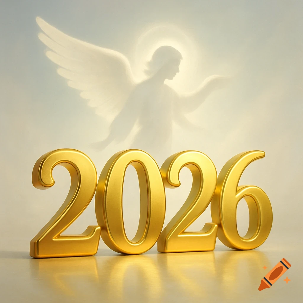Golden 3D numbers '2026' with a glowing white angel silhouette in the background.