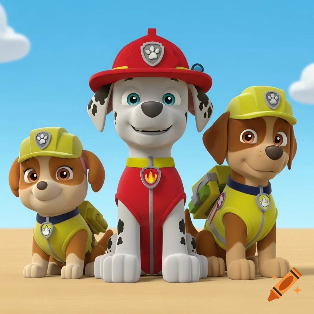 A 3D animated group portrait of three Paw Patrol rescue dogs: Marshall in red, Zuma in yellow, and a medic dog in yellow, on a sandy ground.