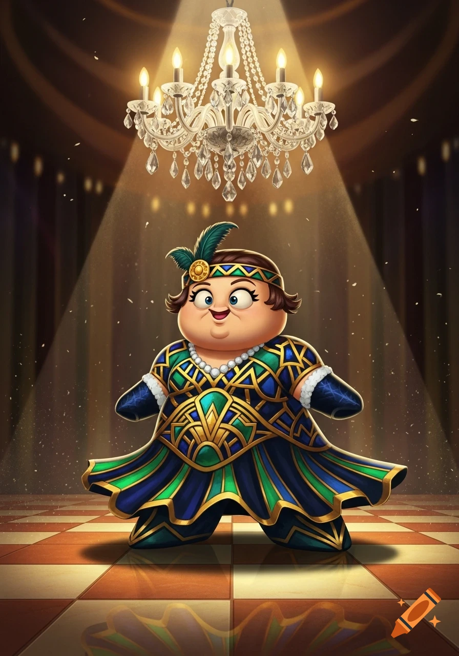 A plump cartoon flapper character in a blue and green patterned dress, making a face under a chandelier.