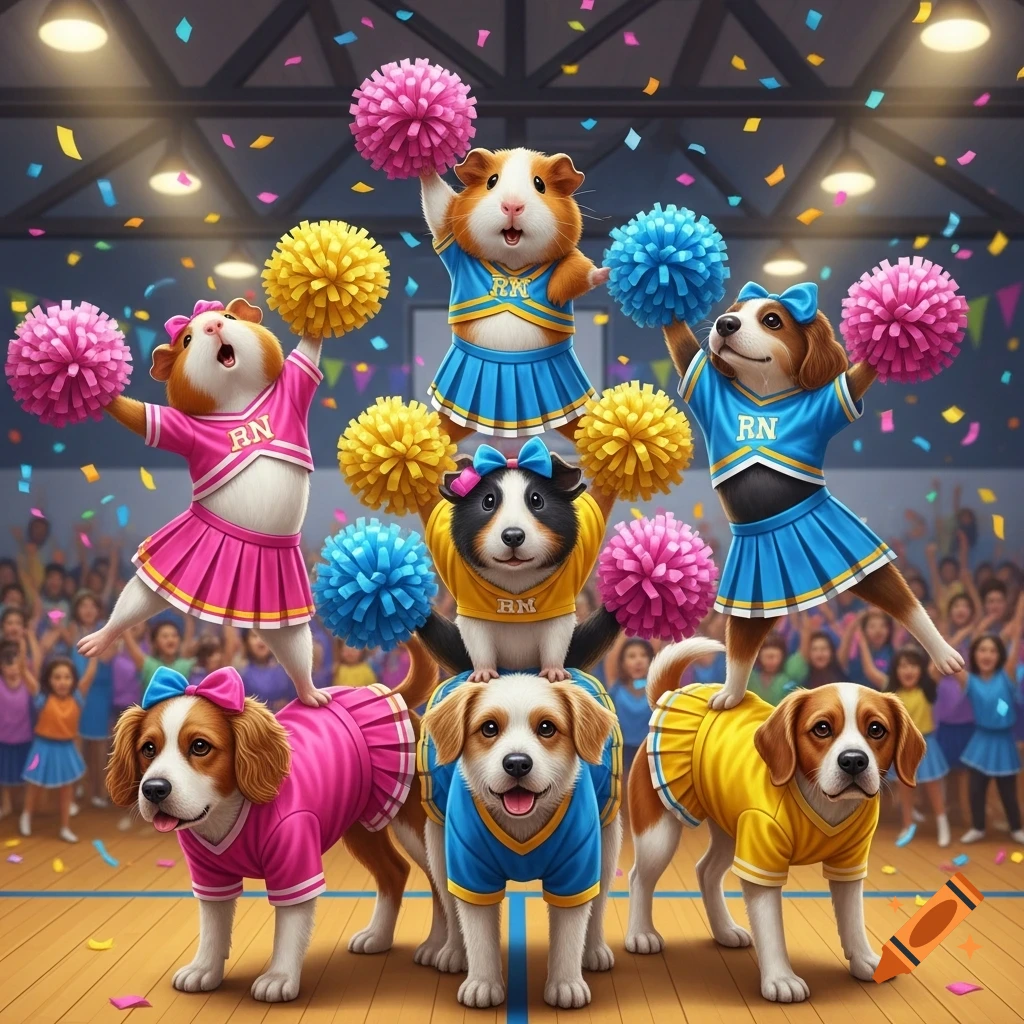 Guinea pigs and dogs dressed as cheerleaders in a pyramid formation, holding pompoms with confetti falling and a crowd in the background.