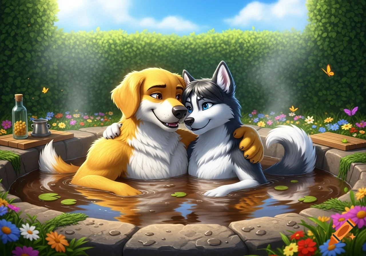 Two anthropomorphic golden retriever and husky dogs hug in a mud hot tub, surrounded by flowers and green bushes under a sunny sky in 3D animation.
