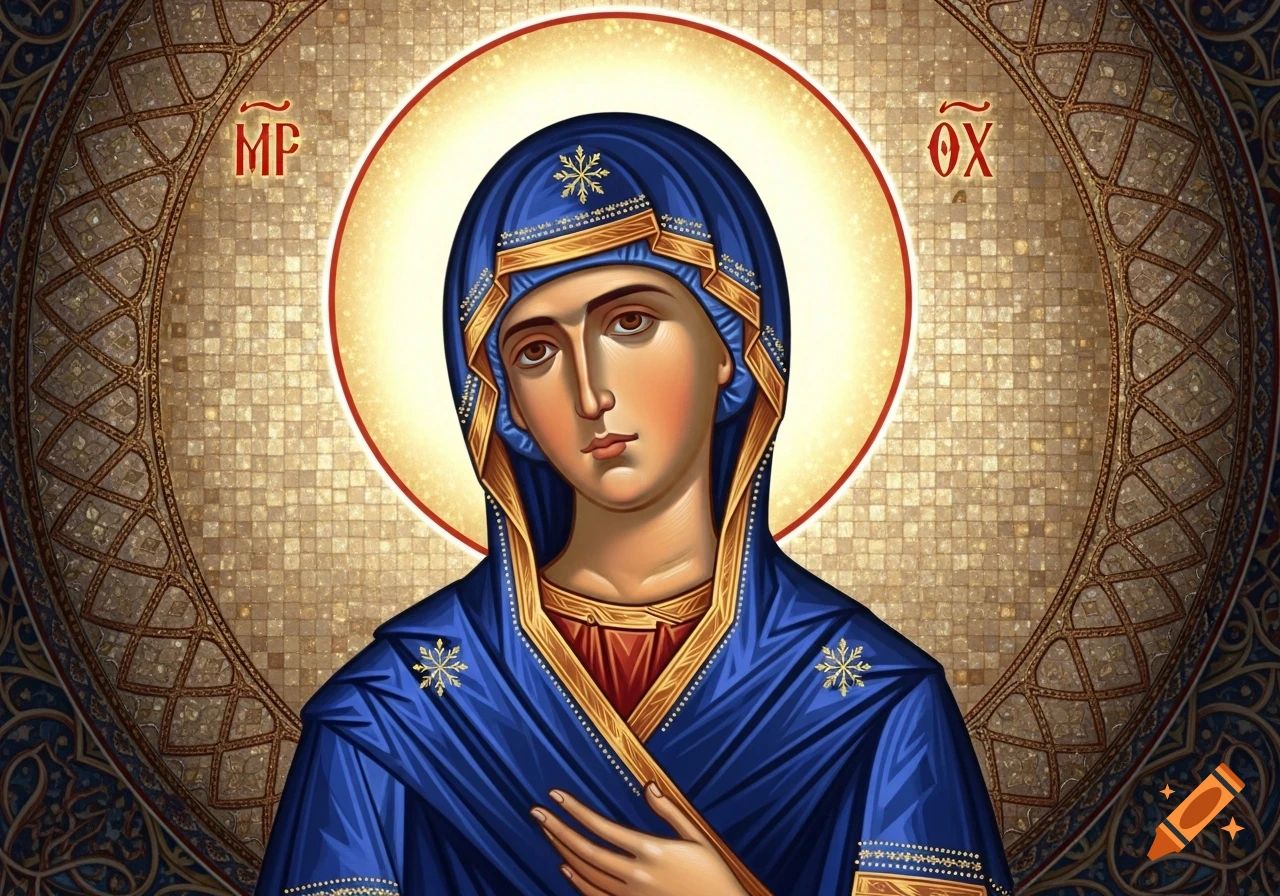A stylized Greek icon of the Virgin Mary, wearing a deep blue veil with golden accents, against a golden mosaic background with a halo.