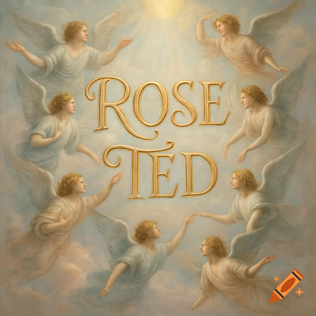 A classical painting of multiple angels on clouds, surrounding the golden words "ROSE" and "TED" which are centrally placed.