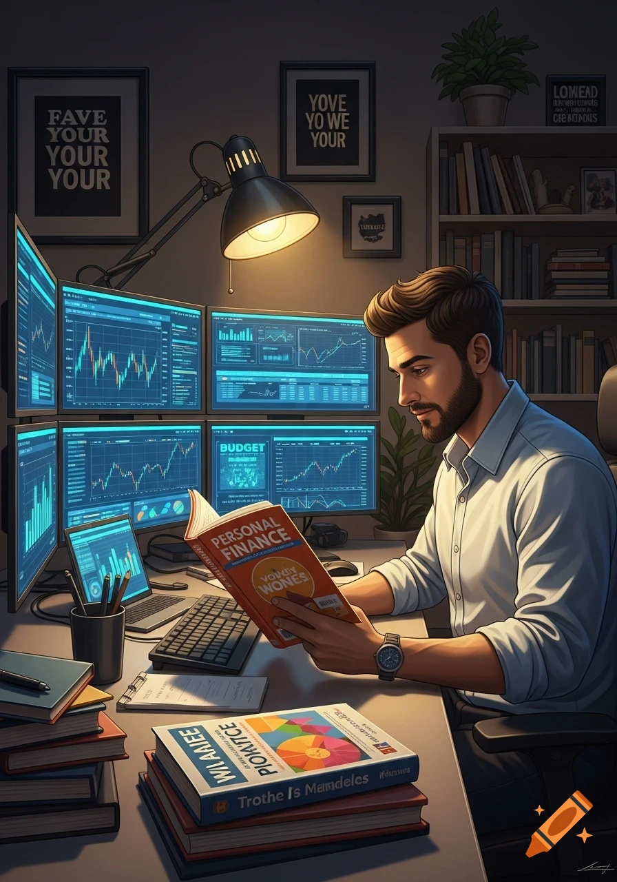 A man with a beard sits at a desk in a dimly lit office, reading a book titled "PERSONAL FINANCE" amidst multiple computer monitors displaying financial charts. There are stacks of books on the desk and a bookshelf behind him.