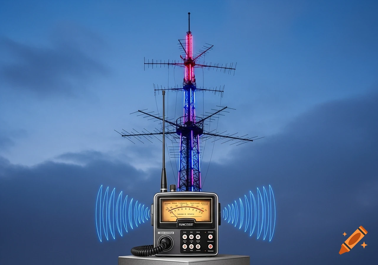 A vintage-style radio receiver with glowing blue sound waves sits on a pedestal in the foreground, facing a tall radio tower with numerous antennas and colorful red and blue lights against a cloudy sky.