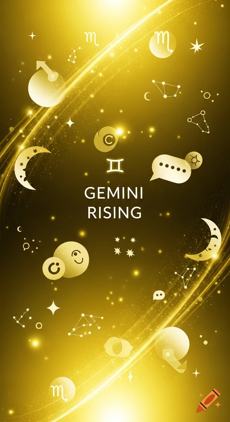 Vibrant yellow and gold astrological design featuring celestial symbols, abstract shapes, and the text 'GEMINI RISING'.