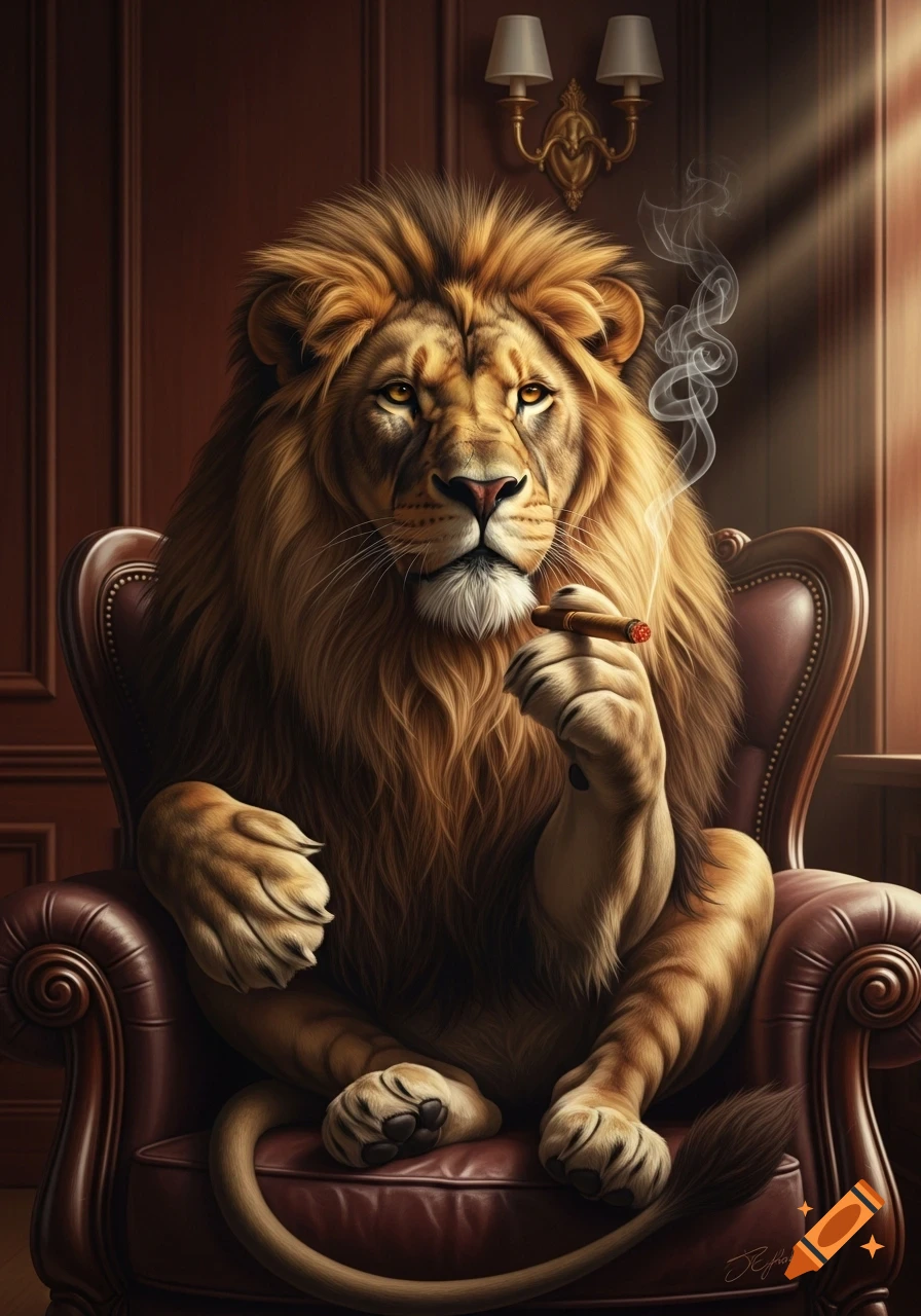 A photorealistic anthropomorphic lion sits in a brown leather armchair, holding and smoking a cigar in a wood-paneled room.