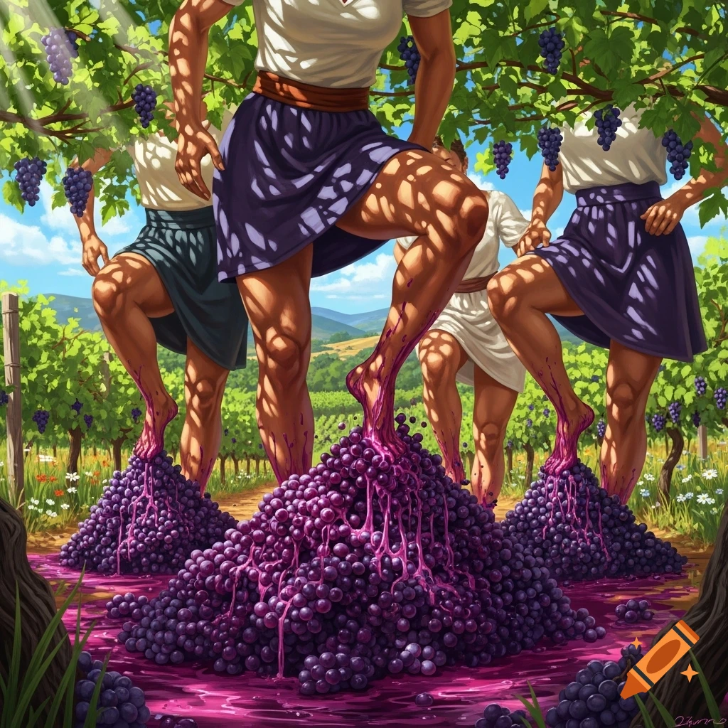 Three women with bare feet crush purple grapes into juice in a sunny vineyard, illustration.