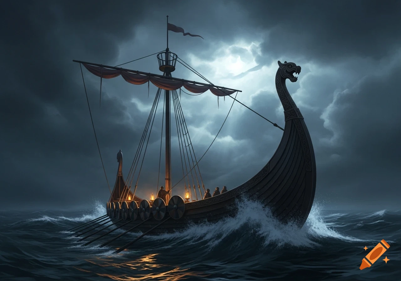 A detailed Viking longship sails through choppy seas at night under a dramatic, moonlit sky.