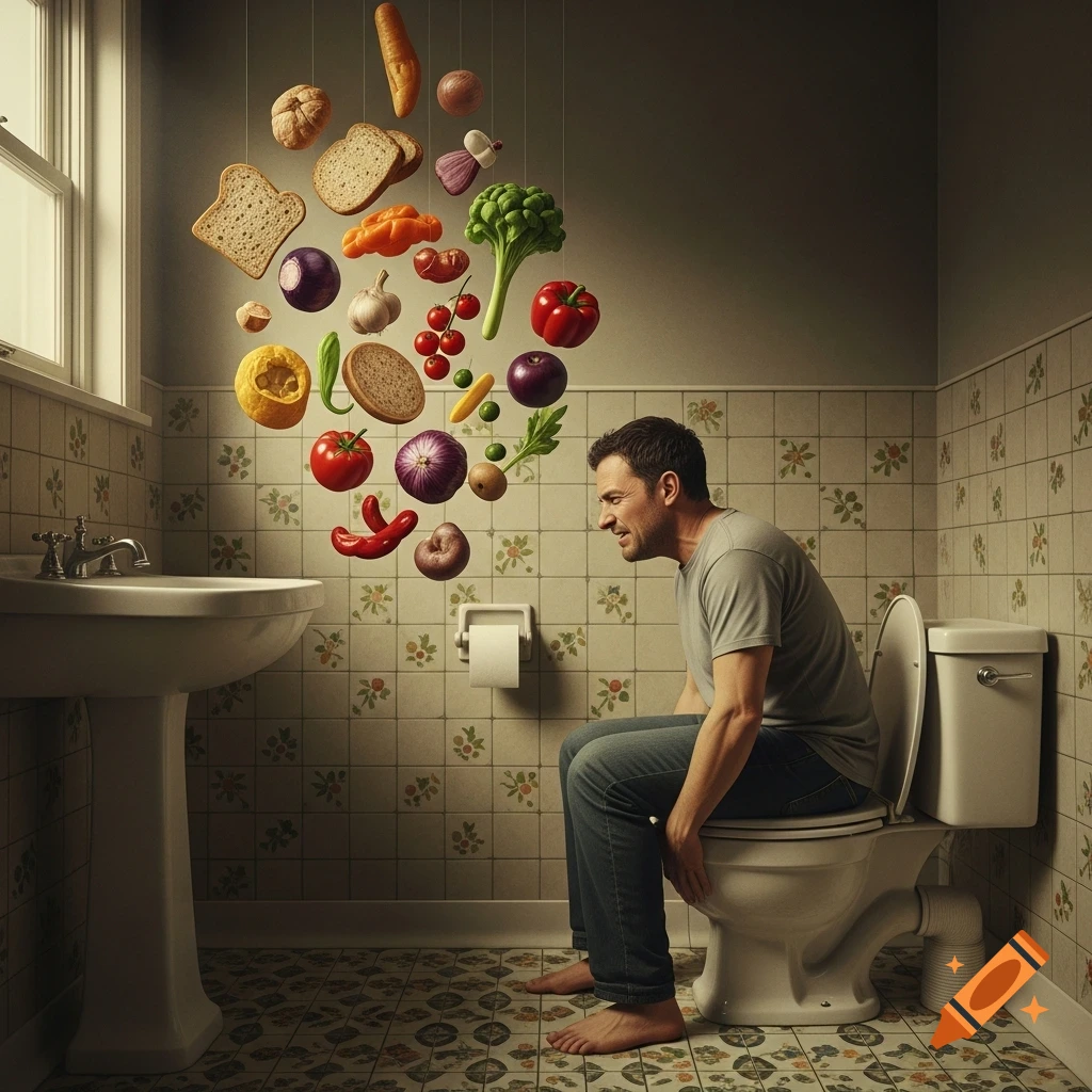 A man sits uncomfortably on a toilet in a photorealistic bathroom, with fiber-rich foods like vegetables and bread floating above him.