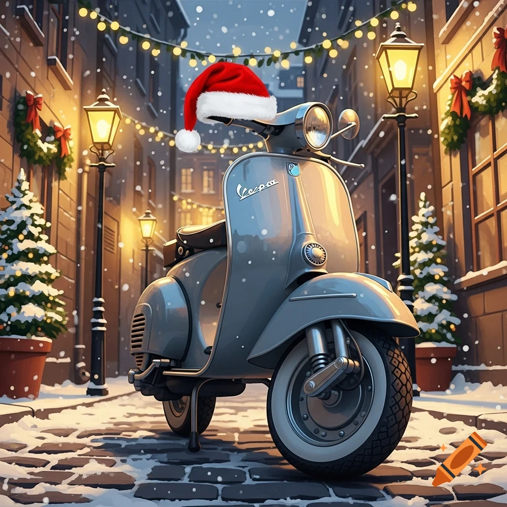 A grey Vespa scooter with a Santa hat on a snowy cobblestone street with Christmas lights and trees.
