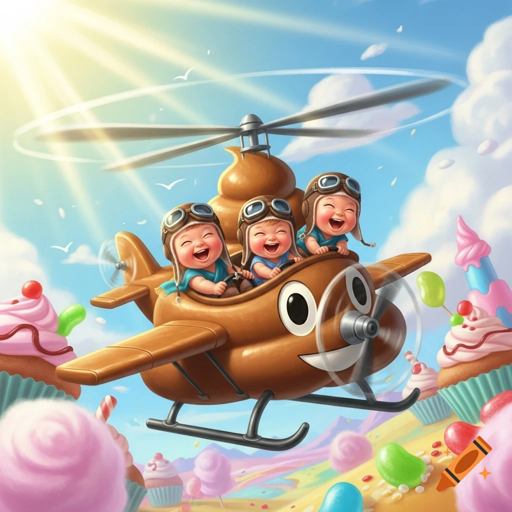 Three laughing cartoon babies in pilot goggles fly a chocolate helicopter over a whimsical candy land under a sunny sky.
