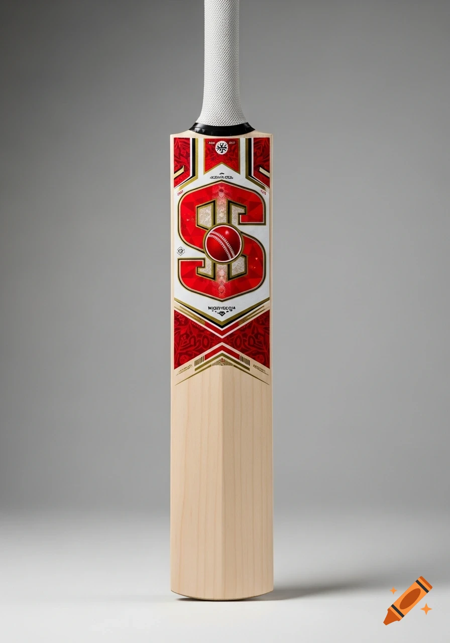 A close-up shot of a cricket bat featuring a red and gold sticker with a large 'S.S.' logo and a cricket ball graphic.