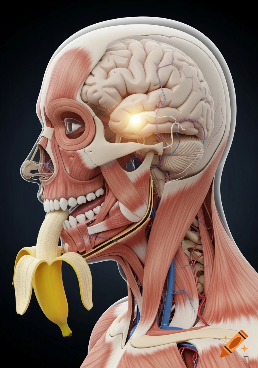 Hyper-realistic anatomical cutaway of human head and neck in side profile eating a banana, showing muscles, glowing brain, and vessels.