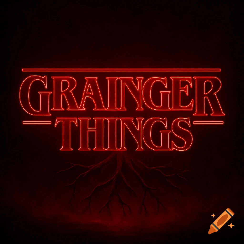 Red neon logo reading 'Grainger Things' in the Stranger Things style, with dark root-like tendrils below.