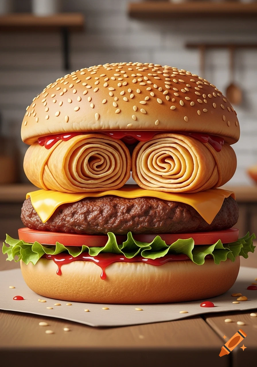 Photorealistic close-up of a sesame seed bun hamburger with an egg roll layer, cheese, patty, lettuce, tomato, and ketchup.