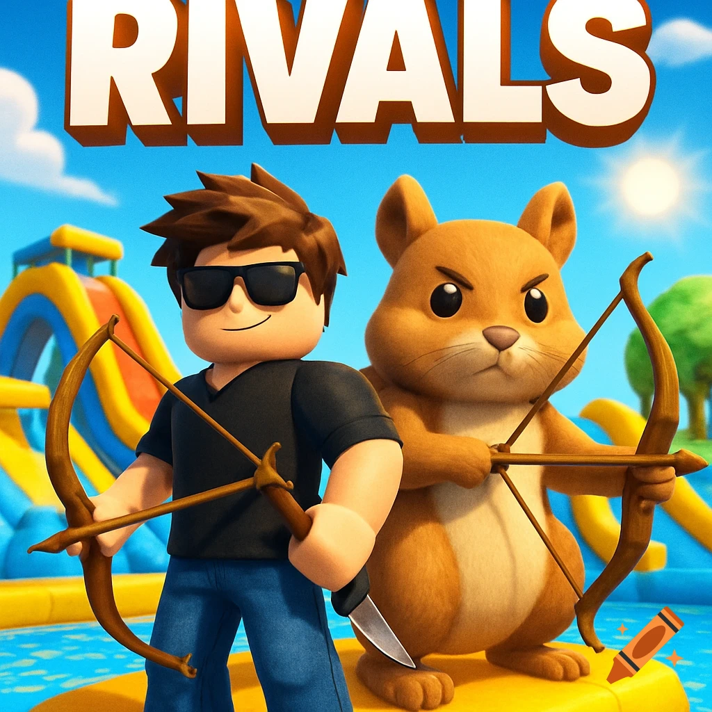 Roblox-style character with sunglasses and a squirrel holding bows, a knife, at a waterpark, with 'RIVALS' text.