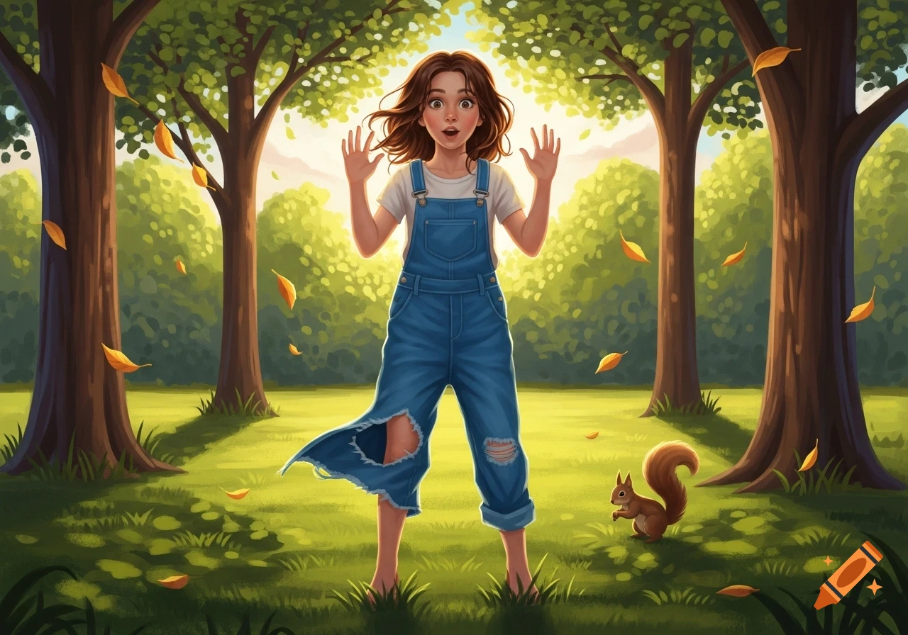 A surprised cartoon girl in ripped overalls stands in a sunny forest clearing with falling leaves and a squirrel.