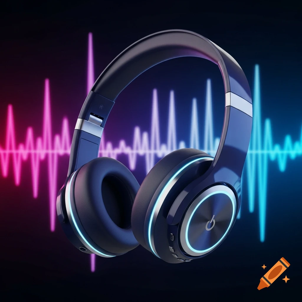 A pair of dark blue headphones with glowing blue accents and a power symbol, set against a vibrant pink and blue sound wave background.