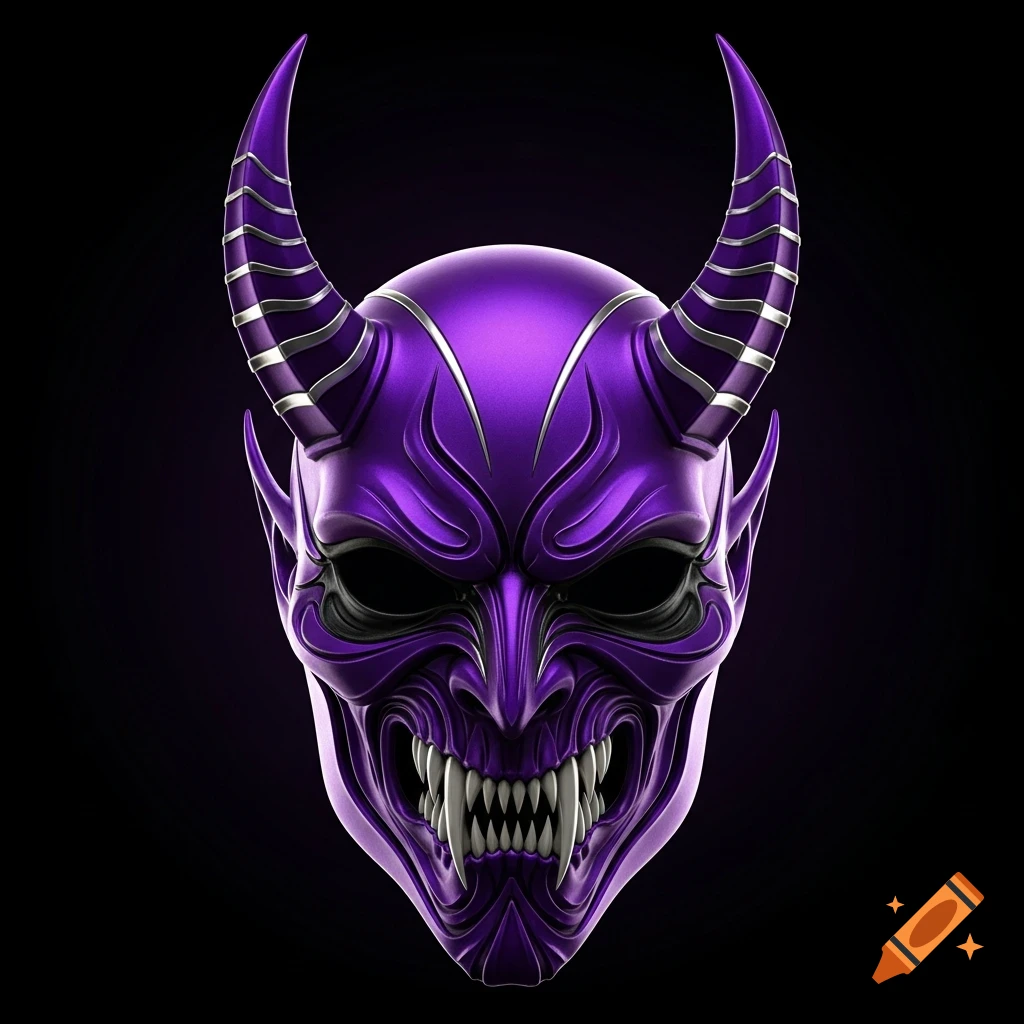 A detailed 3D render of a purple devil mask with large horns and sharp teeth against a black background.