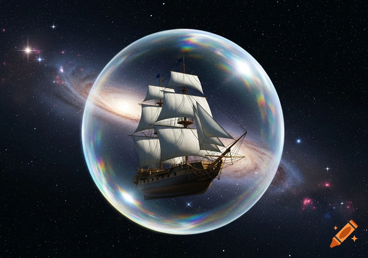 A detailed sailing ship floating inside a translucent bubble against a backdrop of a spiral galaxy and stars in deep space.