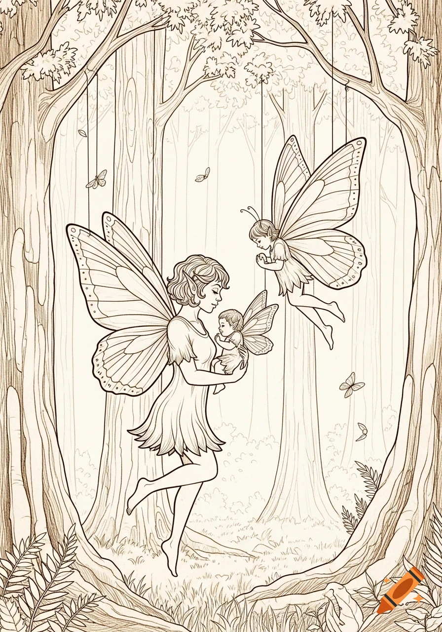 A detailed line art drawing of a fairy mother holding her baby, with another small fairy flying nearby, set in a enchanted forest.
