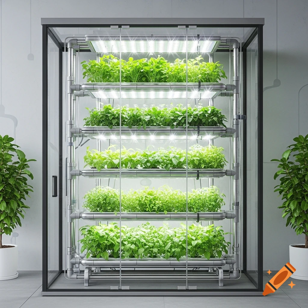 A six-tier hydroponic plant system filled with lush green plants, illuminated by LED grow lights, in a modern indoor setting.