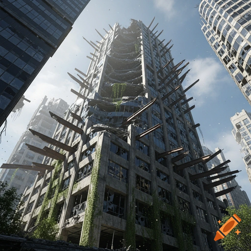 Low-angle view of a heavily damaged, vine-covered skyscraper in ruins, under a bright sky.
